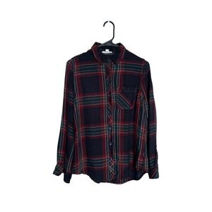 Beachlunchlounge Womens Plaid Button Down Shirt Rayon Burgundy Green Small